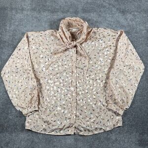Vintage Lauren Lee Blouse Women's 12 Beige Tie-Neck Barrel Cuff Button Front